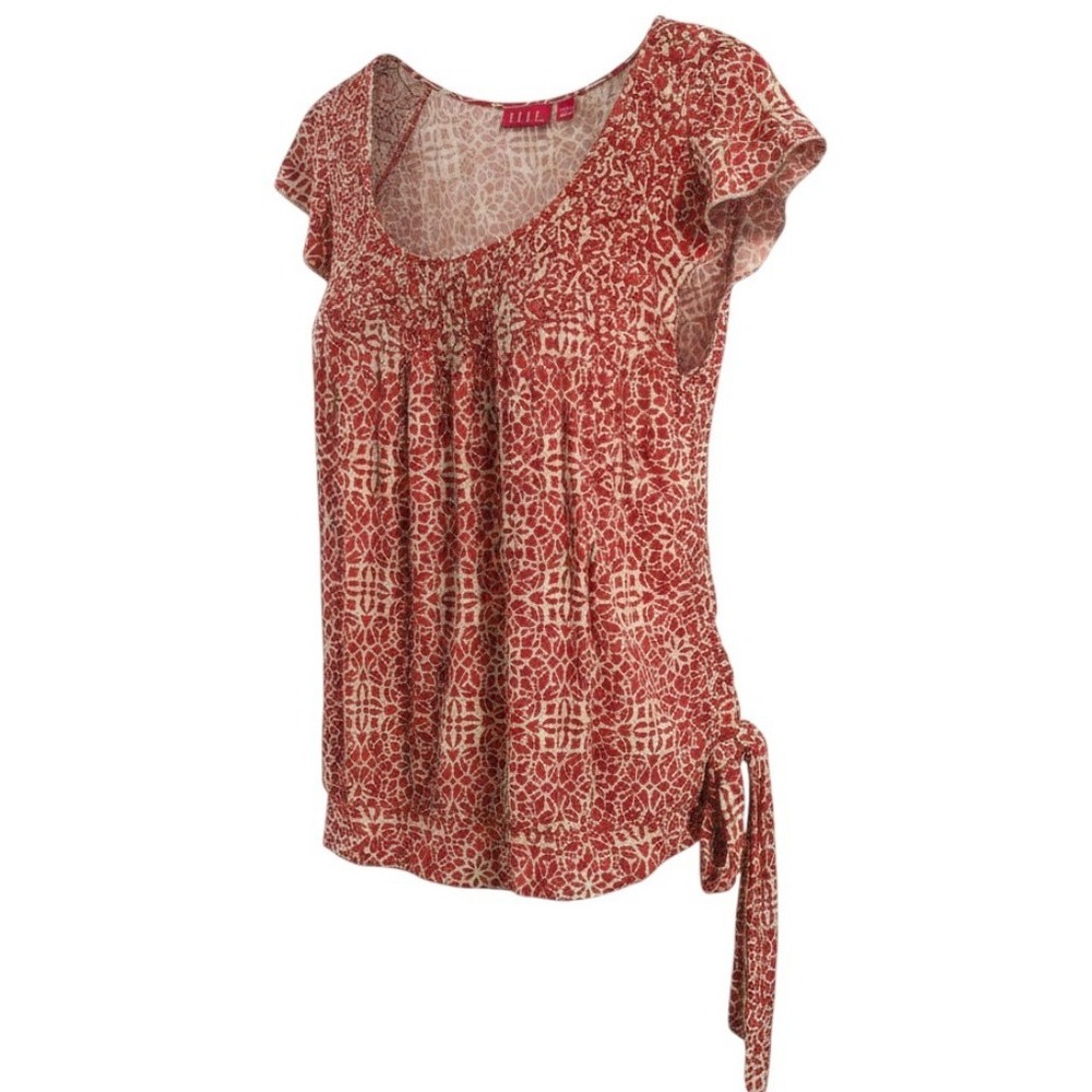 Elle Womens Red Cream Geometric Print Smocked Scoop Neck Side Tie Blouse Large